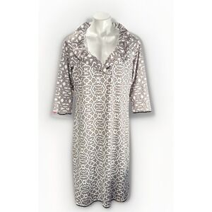 Gretchen Scott XL Ruffle Neck Catalina Jersey Gray & White Geometric Dress